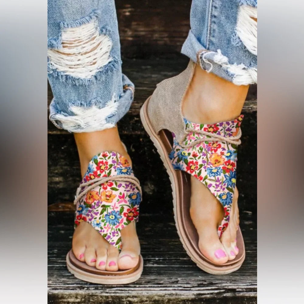 Colorful Floral Print Zip up Flip Flop Sandals - Picture 1 of 6